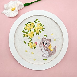 Flower Cat Pattern DIY Embroidery Starter Kit with Instruction Book, Embroidery Fabric & Bamboo Hoops & Thread and Needle, Easy Stamped Fabric Hand Crafts, Yellow, 200mm(PW-WG39369-04)