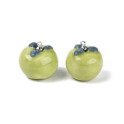 Handmade Porcelain Pendants, Persimmon Charms, with Brass Loops, Platinum, Yellow Green, 19~20x19~20.5mm, Hole: 1.6mm(PR-N001-06A-P01)