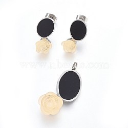 304 Stainless Steel Jewelry Sets, Pendant and Stud Earrings, with Resin, Oval with Flower, Black, Stainless Steel Color, 32.5x23x9.5mm, hole: 3mm, 19x14mm, Pin: 0.8mm(SJEW-F186-07P)
