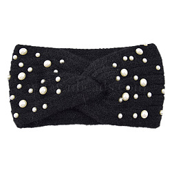 Acrylic Fiber Knitted Yarn Warmer Headbands, with Plastic Imitation Pearl, Soft Stretch Thick Cable Knit Head Wrap for Women, Black, 210x110mm(COHT-PW0002-21A)