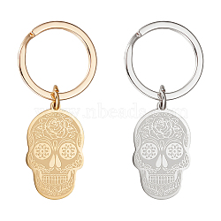 2Pcs 2 Colors Sugar Skull 304 Stainless Steel Pendant Keychain, for Keychain, Purse, Backpack Ornament, Golden & Stainless Steel Color, 5.9cm, 1pc/color(KEYC-UN0001-16)