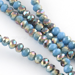 Electroplate Glass Faceted Rondelle Bead Strands, Half Rainbow Plated, Light Sky Blue, 8x6mm, Hole: 1mm, about 72pcs/strand, 17.3 inch(EGLA-Q054-8mm-07)