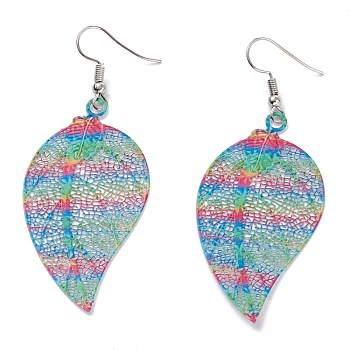 Spray Painted Stainless Steel Leaf Dangle Earrings, Etched Metal Embellishments, with Iron Earring Hooks, Stainless Steel Color, Colorful, 68mm, Pin: 0.7mm