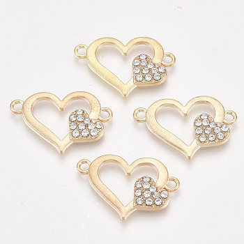 Alloy Links connectors, with Rhinestone, Heart, Crystal, Golden, 16.5x25x2.5mm, Hole: 1.8mm