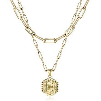 Real 18K Gold Plated Stainless Steel Paperclip Chains Double Layer Necklaces, Hexagon with Initial Letter Pendant Necklace, Letter E, 14.17 inch(36cm)
