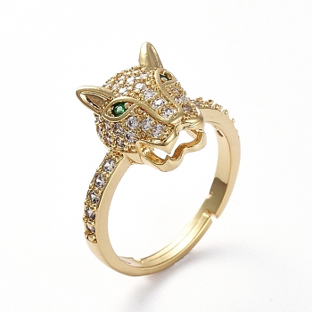 Adjustable Brass Finger Rings, with Micro Pave Cubic Zirconia, Leopard Head, Golden, US Size 7(17.3mm)