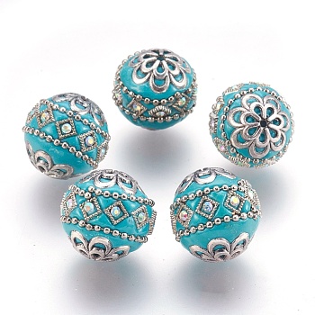 Handmade Indonesia Beads, with Metal Findings, Round, Antique Silver, Dark Turquoise, 19.5x19mm, Hole: 1mm