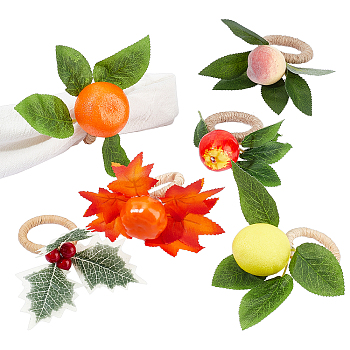 CHGCRAFT 6Pcs 6 Style Wooden Napkin Rings, Wrapped with Jute Cord, with Foam Artificial Fruit, Vegetable & Cloth Leaf, Mixed Shapes, Mixed Color, 85~125mm, 1pc/style
