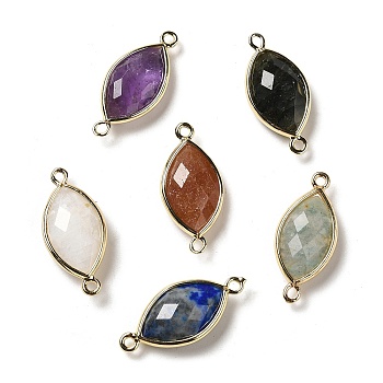 Natural Mixed Stone Faceted Connector Charms, Rack Plating Brass Horse Eye Links, Golden, 25x11.5x5.5mm, Hole: 1.6mm