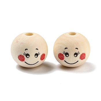Printed Wood European Beads, Wooden Large Hole Round Beads with Smiling Face Print, Undyed, Black, 20x18mm, Hole: 5mm, about 217pcs/500g.
