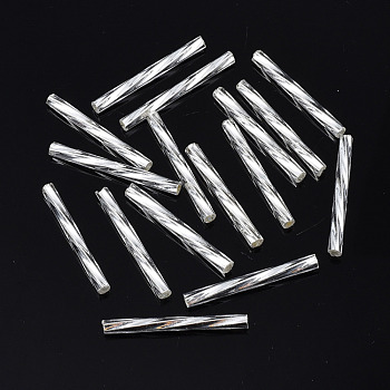 Opaque Glass Twisted Bugle Beads, Round Hole, Silver Plated, 25~26x2.5mm, Hole: 1mm, about 1500pcs/bag