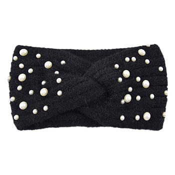 Acrylic Fiber Knitted Yarn Warmer Headbands, with Plastic Imitation Pearl, Soft Stretch Thick Cable Knit Head Wrap for Women, Black, 210x110mm