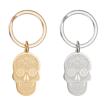 2Pcs 2 Colors Sugar Skull 304 Stainless Steel Pendant Keychain, for Keychain, Purse, Backpack Ornament, Golden & Stainless Steel Color, 5.9cm, 1pc/color