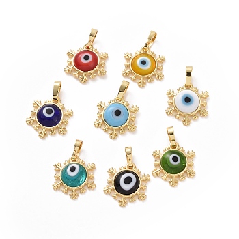 Handmade Evil Eye Lampwork Pendants, with Real 18K Gold Plated Tone Brass Findings, Snowflake Charm, Mixed Color, 15x16x4mm, Hole: 4x6.5mm