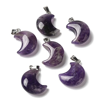 Natural Amethyst Pendants, Crescent Moon Charms with 201 Stainless Steel Snap on Bails, Stainless Steel Color, 23~24x15.5~17.5x7.5~8.5mm, Hole: 4x2.5mm