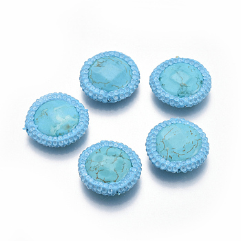 Faceted Natural Howlite Beads, with Polymer Clay Rhinestone, Dyed & Heated, Flat Round, 19~20x4.5~5mm, Hole: 0.8mm