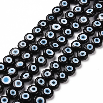 Handmade Evil Eye Lampwork Flat Round Bead Strands, Black, 8x3.2mm, Hole: 1mm, about 49pcs/strand, 14.56 inch
