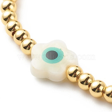 Brass Round & Shell Flower Beaded Stretch Bracelet for Women(BJEW-JB08604)-4