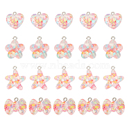 24Pcs 4 Styles Transparent Resin Pendants, with Platinum Tone Iron Loops & Glitter Powder, Heart & Starfish & Bowknot & Flower, Mixed Color, 17.5~24x15~20x8~10.5mm, Hole: 2mm, 6pcs/style(RESI-AR0001-17)