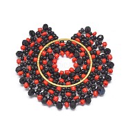 Handmade Woven Pendants, with Glass Beads and Golden Tone 304 Stainless Steel Findings, Flat Round, Black, 40x43x3mm, Hole: 9mm(GLAA-F102-G04-A)