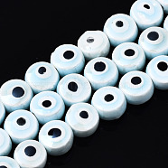 Handmade Porcelain Ceramic Beads Strands, Bright Glazed Porcelain, Flat Round with Evil Eye, Light Cyan, 8x5mm, Hole: 1.5mm, about 40pcs/strand, 12.01 inch(30.5cm)(PORC-T006-04O)