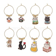Cat Alloy Enamel Wine Glass Charms, with Glass Seed Beads and Brass 
Hoops, Mixed Color, 46~61mm, 8 styles, 1pc/style, 8pcs/set(AJEW-JO00174)