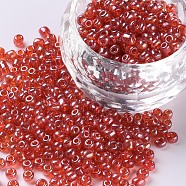 Glass Seed Beads, Trans. Colours Lustered, Round, Red, 3mm, Hole: 1mm, about 1111pcs/50g, 50g/bag, 18bags/2pounds(SEED-US0003-3mm-105)