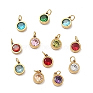 Vacuum Plating 304 Stainless Steel Pendants, with Cubic Zirconia and Jump Rings, Single Stone Charms, Flat Round, Golden, Mixed Color, 9.5x7.5x3mm, Hole: 3.6mm(STAS-D189-07G-C)