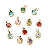 PVD Vacuum Plating 304 Stainless Steel Pendants, with Cubic Zirconia and Jump Rings, Single Stone Charms, Flat Round, Golden, Mixed Color, 9.5x7.5x3mm, Hole: 3.6mm(STAS-D189-07G-C)