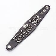 Punk Rock Style Cowhide Leather Rivet Bracelets, with Alloy & Iron Findings, Skull, Black, 220x42x2mm(8-5/8 inchx1-3/4 inch)(BJEW-D438-08)