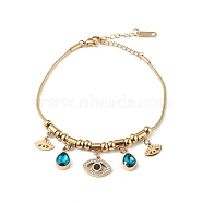 Rhineston Teardrop & Eye Charm Bracelet, Ion Plating(IP) 304 Stainless Steel Jewelry for Women, Golden, 7-1/4 inch(18.5cm)(BJEW-G669-07G)
