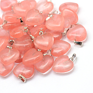 Heart Dyed Cherry Quartz Glass Pendants, with Platinum Tone Brass Findings, 17~19x15~16x5~8mm, Hole: 2x7mm(X-G-Q371-03)