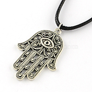 Hamsa Hand/Hand of Fatima/Hand of Miriam Zinc Alloy Pendant Necklaces, with Waxed Cord and Iron End Chains, Antique Silver, 17.7 inch, 2mm(NJEW-R228-72AS)