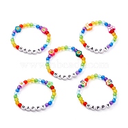 Transparent & Opaque Acrylic Beaded Bracelets for Kids, with Handmade Polymer Clay Beads, Word Happy, Mixed Shape, Mixed Color, Inner Diameter: 1-7/8 inch(4.8cm)(BJEW-JB06504)