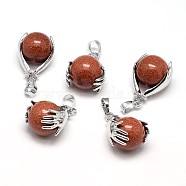 Palm Platinum Plated Brass Synthetic Goldstone Pendants, Cadmium Free & Lead Free, 27x19x16mm, Hole: 4x8mm(G-F228-02B-RS)