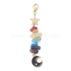 Moon Alloy Enamel Pendant Decorations, with Chakra Gemstone Chips & Brass Star Link and 304 Stainless Steel Lobster Claw Clasps, Black, 78mm(HJEW-JM01276-03)