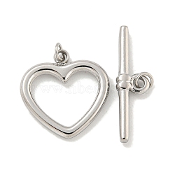 Non-Tarnish 304 Stainless Steel Toggle Clasps, Heart, Stainless Steel Color, Heart: 14x13.8x1mm, Hole: 2mm, Bar: 18.8x5x2mm, Hole: 2mm(STAS-L278-005P)