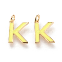 Brass Enamel Pendants, with Jump Ring, Long-Lasting Plated, Real 18K Gold Plated, Letter.K, Champagne Yellow, Letter.K, K: 16x12x1.8mm, Jump Rings: Inner Diameter: 3mm(KK-R139-02K)