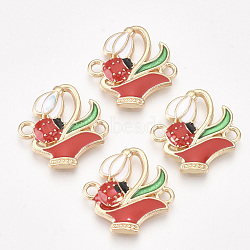 Alloy Links connectors, with Enamel, Flower with Ladybird, Golden, Red, 18x18x2mm, Hole: 1.8mm(PALLOY-S118-50)