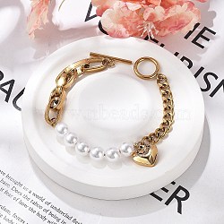 304 Stainless Steel Cable & Cuban Chain Charm Bracelets for Women, Heart, with Plastic Imitation Pearl Beads, Real 18K Gold Plated, 7-7/8 inch(20cm)(BJEW-C089-01G)