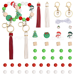 DIY Christmas Keychain Wristlet Making Kit, Including Bell & Tree & Snowman Silicone & Wood Polygon Beads, Imitation Feather Tassel Big Pendants Decorations, Iron Alloy Clasp Keychain, Mixed Color, 44Pcs/box(DIY-CA0005-77)