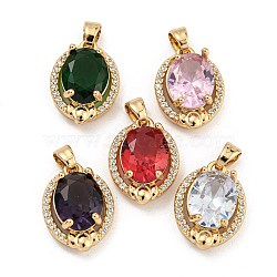 Brass Micro Pave Clear Cubic Zirconia Pendants, with Glass, Oval, Mixed Color, 16x12x6mm, Hole: 4.5x2.5mm(KK-P263-22KCG)