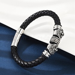 Braided Microfiber Leather Cord Bracelets, 304 Stainless Steel Lion Bracelets for Women Men, with Bayonet Clasps, Antique Silver & Stainless Steel Color, 9-1/8x1/4 inch(23x0.8~1.25cm)(BJEW-D304-10AS)