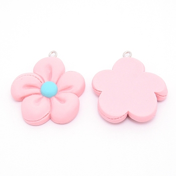 Resin Pendants, with Platinum Iron Finding, Flower, Pink, 35x30x6mm, Hole: 2mm