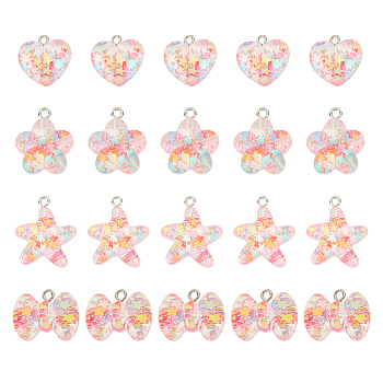 ARRICRAFT 24Pcs 4 Styles Transparent Resin Pendants, with Platinum Tone Iron Loops & Glitter Powder, Heart & Starfish & Bowknot & Flower, Mixed Color, 17.5~24x15~20x8~10.5mm, Hole: 2mm, 6pcs/style