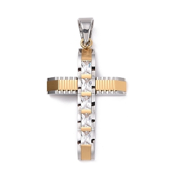 304 Stainless Steel Big Pendants, Cross, with Rhinestones, Golden & Stainless Steel Color, 50x32x6mm, Hole: 10x8mm