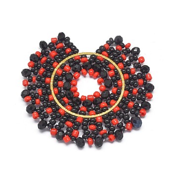 Handmade Woven Pendants, with Glass Beads and Golden Tone 304 Stainless Steel Findings, Flat Round, Black, 40x43x3mm, Hole: 9mm