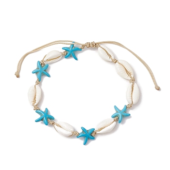 Natural Mixed Cowrie Shell with Synthetic Turquoise Beaded Anklets, Starfish, Inner Diameter: 2-1/8~~3-7/8 inch(5.45~9.85cm)