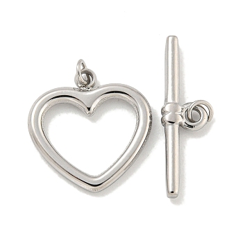 Non-Tarnish 304 Stainless Steel Toggle Clasps, Heart, Stainless Steel Color, Heart: 14x13.8x1mm, Hole: 2mm, Bar: 18.8x5x2mm, Hole: 2mm