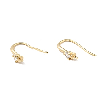 Rack Plating Brass Micro Pave Cubic Zirconia Earring Hooks, for Half Drilled Beads, Long-Lasting Plated, Cadmium Free & Lead Free, Real 14K Gold Plated, 16x3mm, Pin: 0.9mm, Pin: 0.8mm(For Half Drilled Beads)